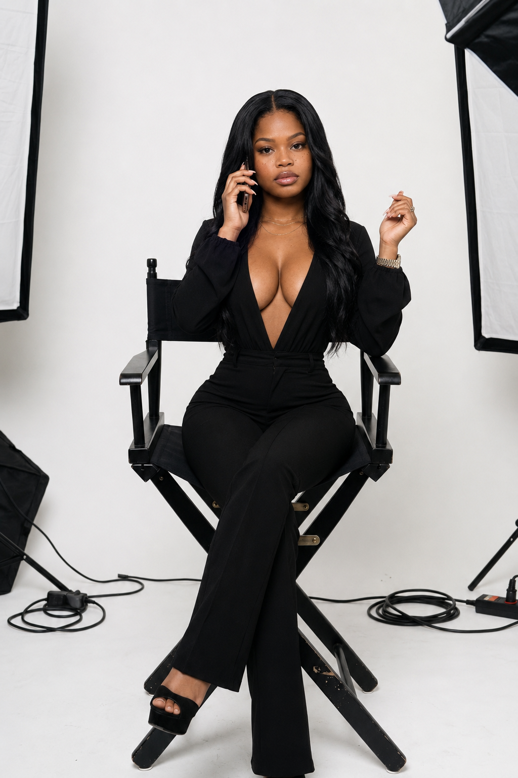 Ti in a black jumpsuit seated in a black director's chair in a studio, holding a phone to her ear.